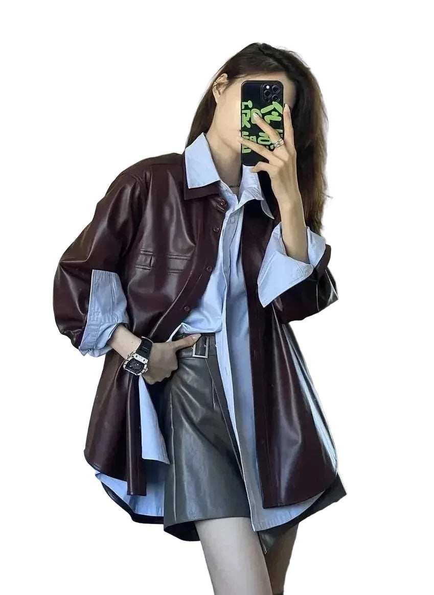 🍒Shirt style jackets faux leather womens oversized outerwear solid single breasted spring/autumn stylish vintage turn-down collar windbreak casual coats chic female clothing     Luvly Lazy-Like Leather Look