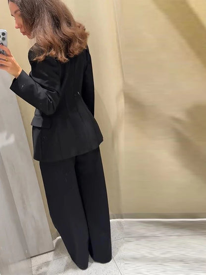 🍒Casual black blazer and pants set long sleeve jacket with fitted waist and long kick flare solid straight pant set women spring autumn suits  ‘Well fit