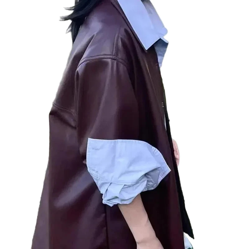 🍒Shirt style jackets faux leather womens oversized outerwear solid single breasted spring/autumn stylish vintage turn-down collar windbreak casual coats chic female clothing     Luvly Lazy-Like Leather Look