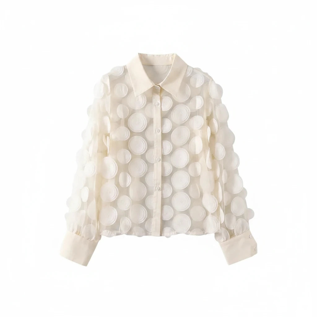 🍒Elegante Franse bloes 3D blom semi-deursigtige gaashemp top vroue lanternmou bloese somer Pick A Peach Or Two