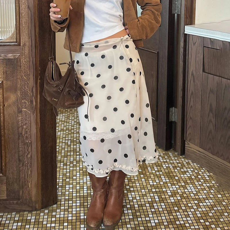 🍒Polka dot hoë middellyf romp dames chiffon kant romp oor knieë mode kantoor dame elegant a-lyn somerdrag Geen Polka-pret by hierdie Prettige Polka nie