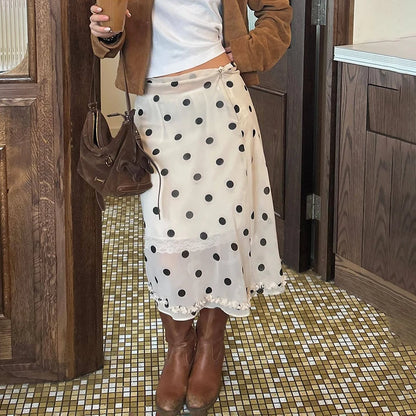 🍒Polka dot hoë middellyf romp dames chiffon kant romp oor knieë mode kantoor dame elegant a-lyn somerdrag Geen Polka-pret by hierdie Prettige Polka nie
