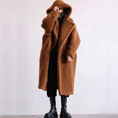 🍒女士仿皮草大衣连帽中长款翻领大衣时尚彩色外套开襟优雅保暖加厚秋冬装 宛如泰迪熊般温暖