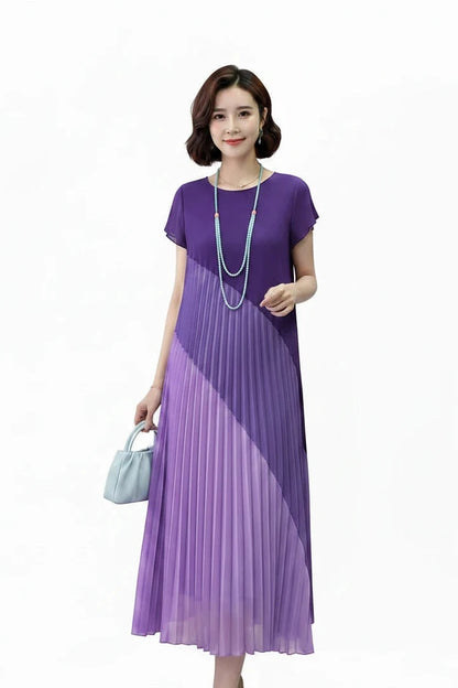 🍒Mid length dresses for women casual outfit short sleeve smart three-residence series round neck clothes fashion pleated loose waist summer wear Angle To A Diagonal