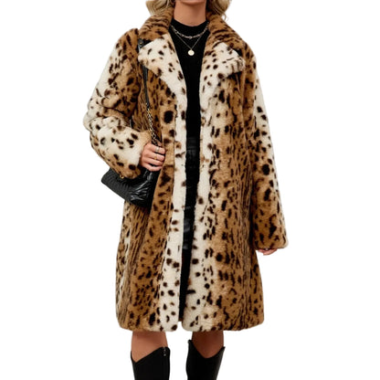 🍒Faux fur coat leopard long Jacket with lapel animal print outerwear fashion long sleeve overcoat women single breasted straight fit smart casual autumn winter wear Animate Your Style