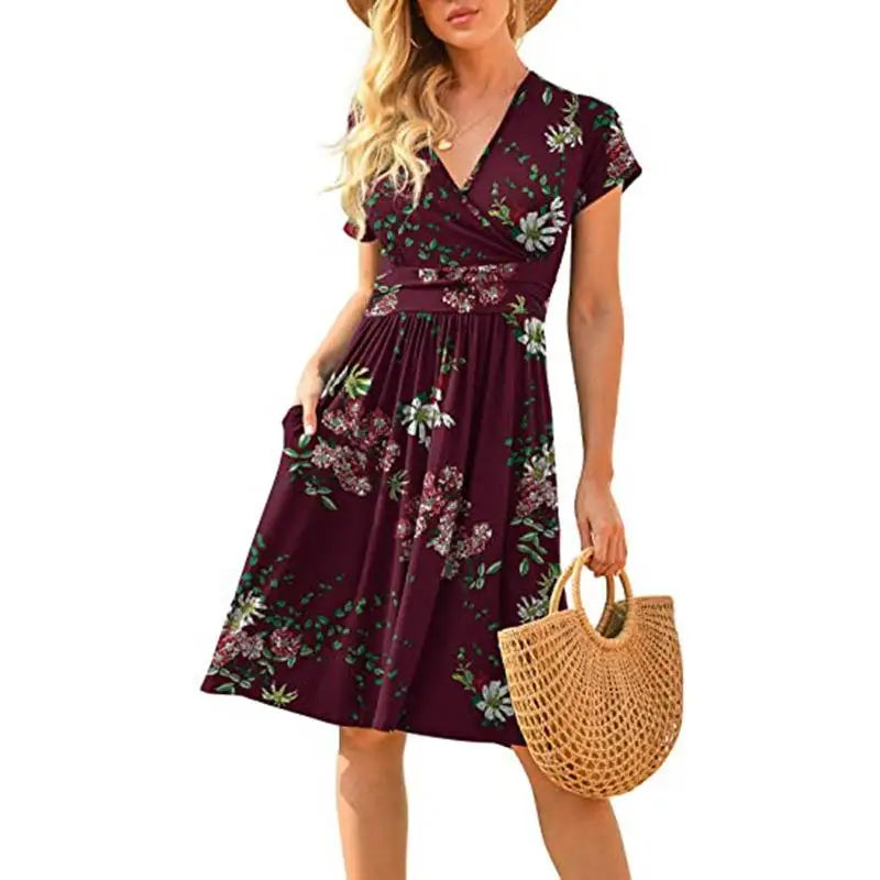 🍒Printed v-neck a-line short sleeve dress floral with high waist over knee outfits for summer womens fashion clothing beachwear holiday clothing A Bunch Of Beautiful Florals