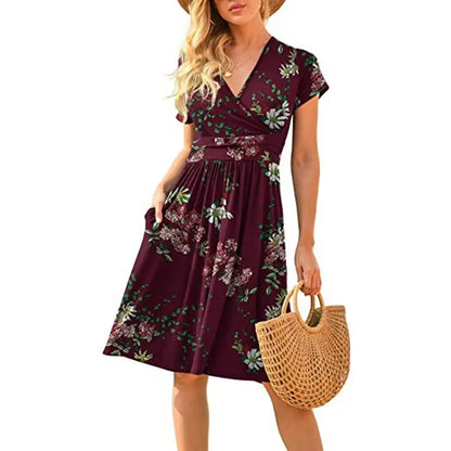 🍒Printed v-neck a-line short sleeve dress floral with high waist over knee outfits for summer womens fashion clothing beachwear holiday clothing A Bunch Of Beautiful Florals