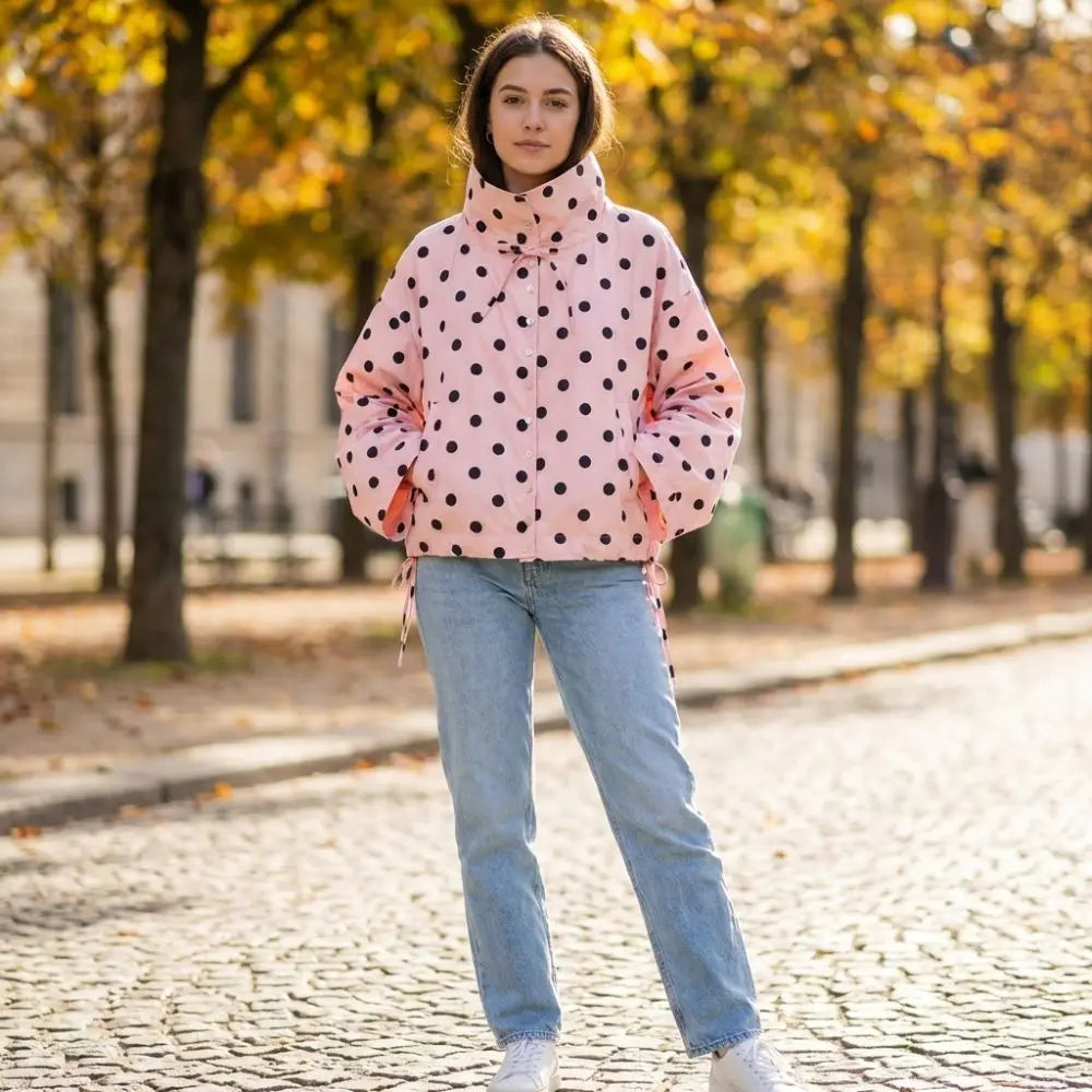 🍒Polka kol modieuse pienk baadjies lente/somer klere gedrukte los bedekkingsbaadjie-top met staankraag, sjiek gemaklike klere met trekkoorddetail Lente, Liefling