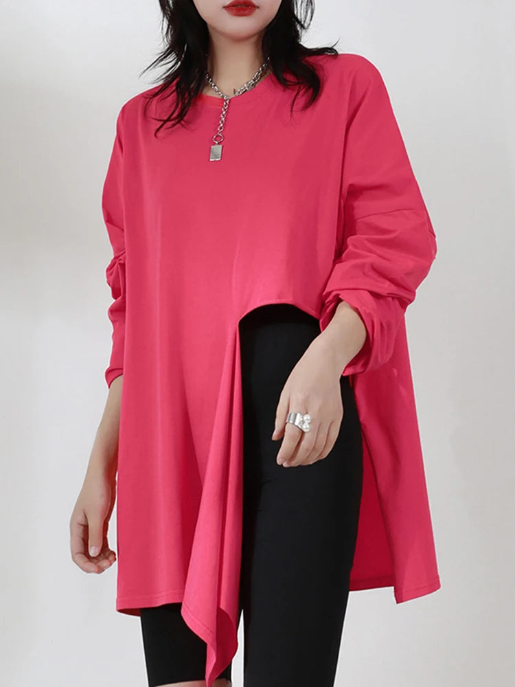 🍒Hot pink t-shirt big size Irregular side slit tee with o-neck long sleeve fashion for women smart casual spring autumn clothing  Don’t Cut Across This Cool Cross Cut