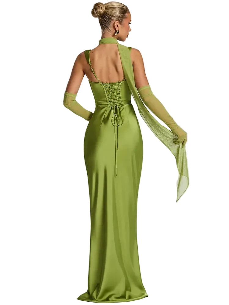 🍒Satin backless sleeveless long dress satin maxi outfits for women spaghetti straps lace-up back bodycon club wear party occasion clothing  Kool kiwi