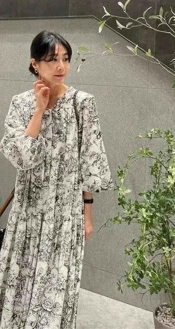 🍒Sundress long sleeve puff maxi outfit vintage dress smart casual daywear partywear office clothes Ink This One In