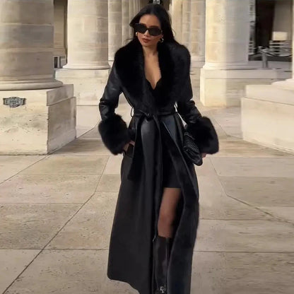 🍒Black faux leather womens coat trench fur coat collar & cuffs fashion belted waist coat long jacket chic streetwear Go On A Poodle Walk
