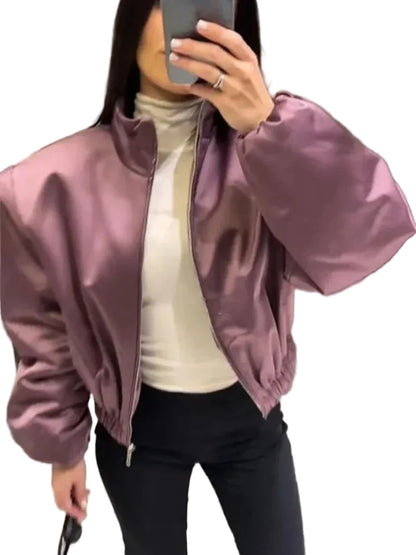 🍒Langmou-bomberbaadjie vir vroue, met ritssluiting en opstaande kraag, buiteklere kort gemaklike baadjie soliede sjiek vroulike satynklere mode Mauve Is In