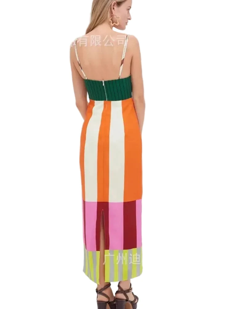 🍒 Kleurvolle Hoë middel maxi gestreepte rok mode slim gemaklike elegante party geleentheiddrag lang uitrusting vroue spaghetti-band boheemse somermode Hierdie vier strepe sal koppe laat draai