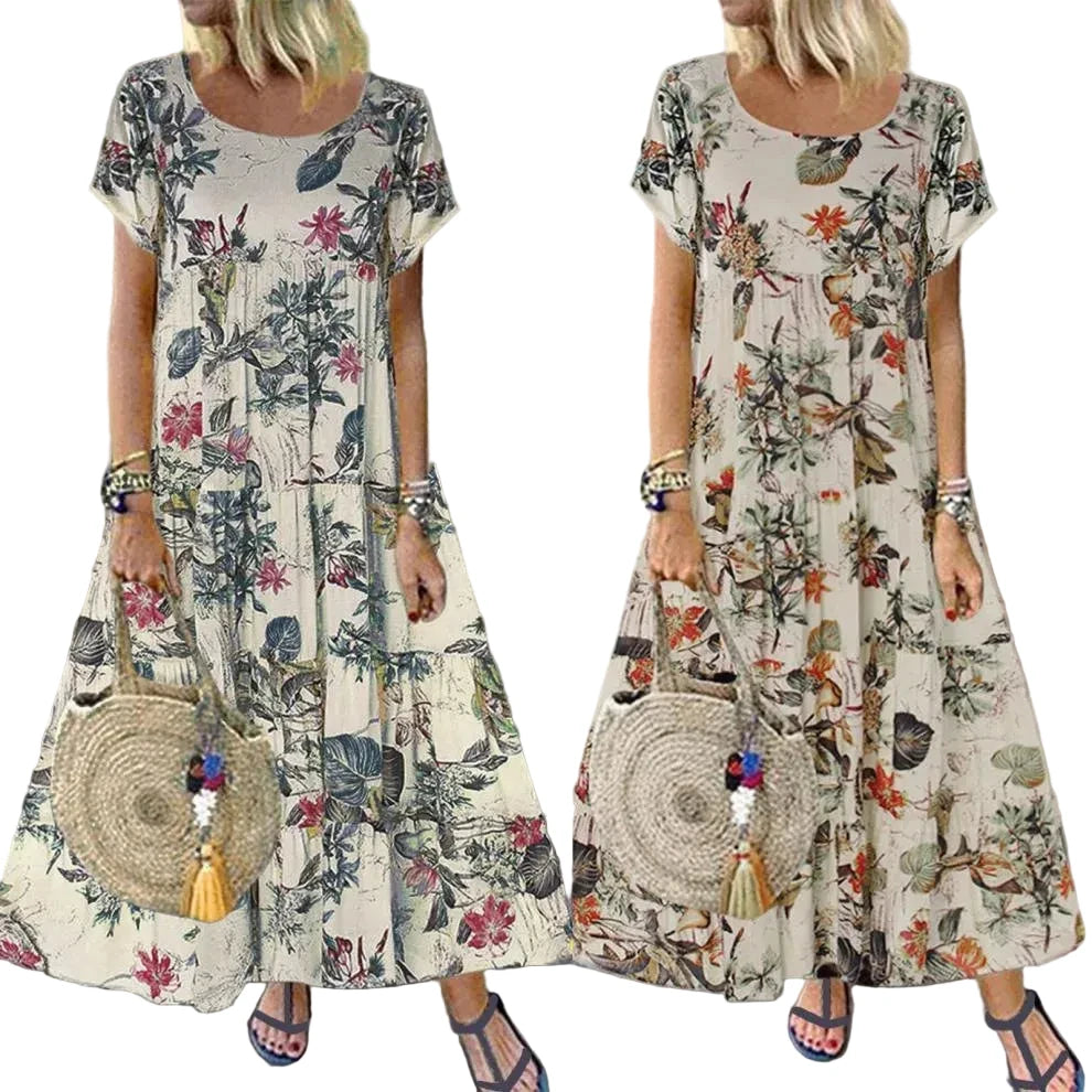 🍒Women's round neck short sleeve dress loose waist linen A-Linen out fit maxi length casual summer wear floral fashion Flattering Floral