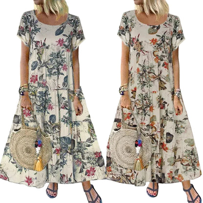 🍒Women's round neck short sleeve dress loose waist linen A-Linen out fit maxi length casual summer wear floral fashion Flattering Floral