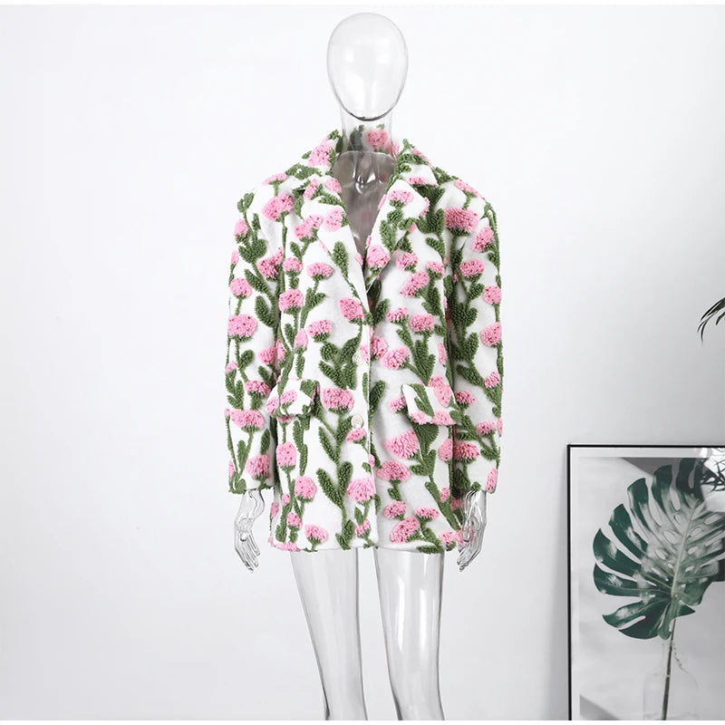 🍒Flower fleece jacket woman loose lapel long sleeve coat single breasted casual coat unique 3D floral outerwear clothing  Floral Fashion Fun Fleece
