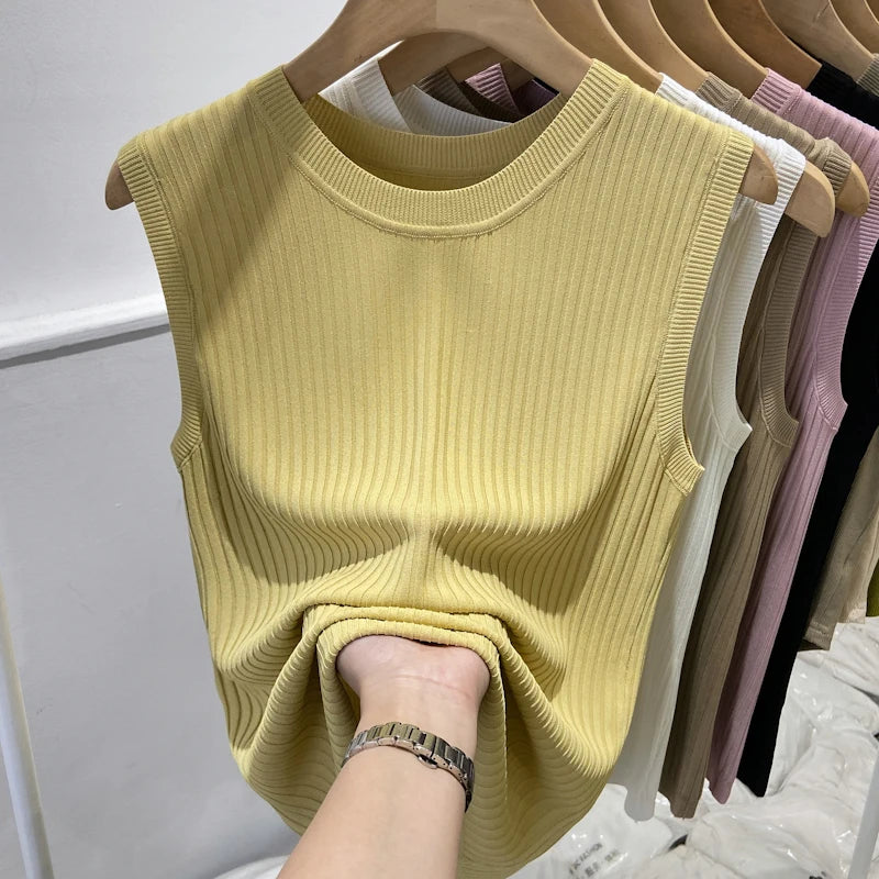 🍒女士针织背心细针无袖衫夏季女装圆领无袖T恤休闲服装，背心让您的上衣更上一层楼