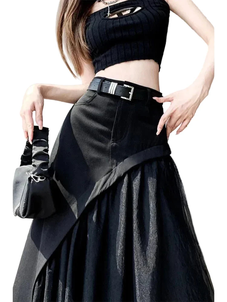 🍒Womens black skirt long smart casual wear vintage a-line skirt Y2k fashion streetwear party occashion clothes Wear Mixed Media A-ffair