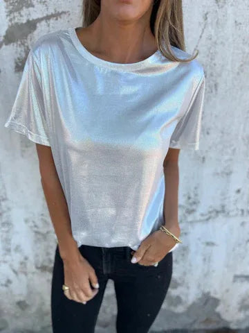 🍒Metaalagtige los top blink kortmou T-hemp dames spesiale geleentheid tops goud T-hemp o-nek mode slim gemaklike damesklere Top 'Talic Tee