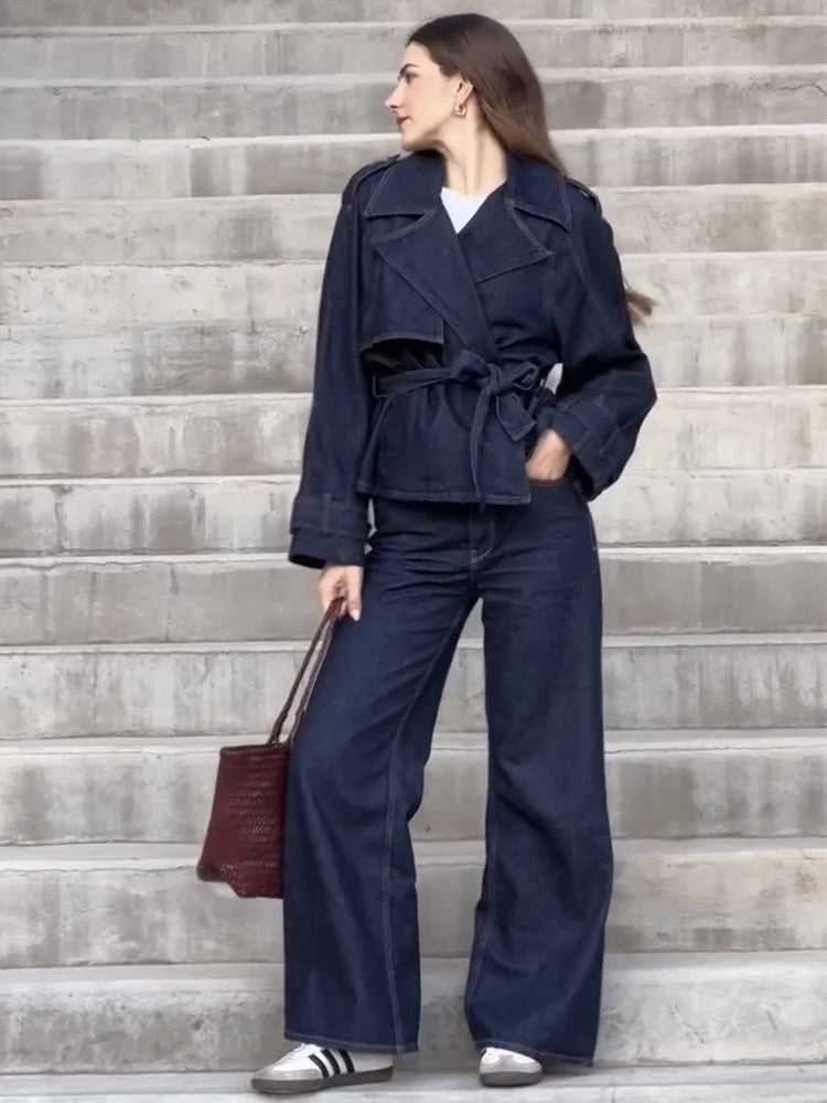 🍒Denim long pant set street Y2K fashion women lapel tie waist coat jacket plus straight leg jeans long sleeve Jacket and trousers jeans two piece suit ladies outfits smart casual clothes Dress Up In Denims