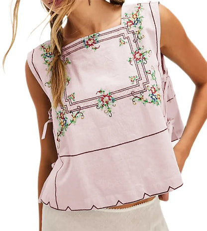 🍒Flower embroidery tank top for women sleeveless square neck vest holiday wear for women feminine summer wear chic streetwear