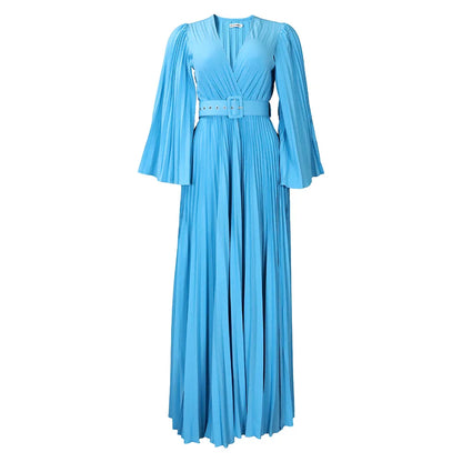 🍒 Aandete partytjie rok V-nek ontwerp geplooide vroue mode drag elegante maxi uitrusting met gordel langmou mode geleentheid drag partytjie drag Heeltemal Uitgeplooide Affêre