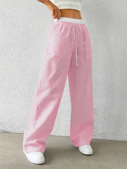 🍒Dames gestreepte broeke Somer mode straatklere reguit gemaklike broeke met elastiese middellyf veelsydige slim broeke hoë middellyf lang broeke Beveilig Jou Somer StreepieStreep