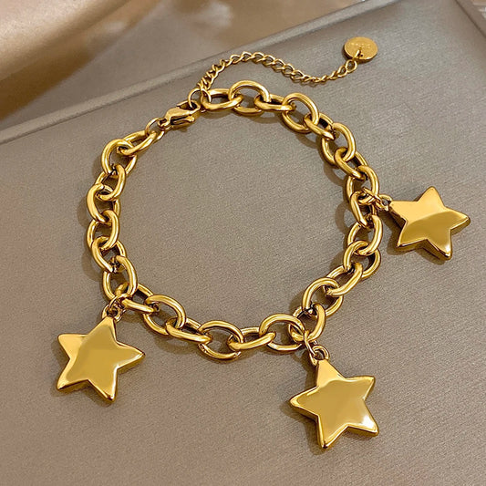 🍒厚重星形手链粗不锈钢吊坠链银色手链女款镀金星星手腕首饰，收到它时你会被“星”动不已