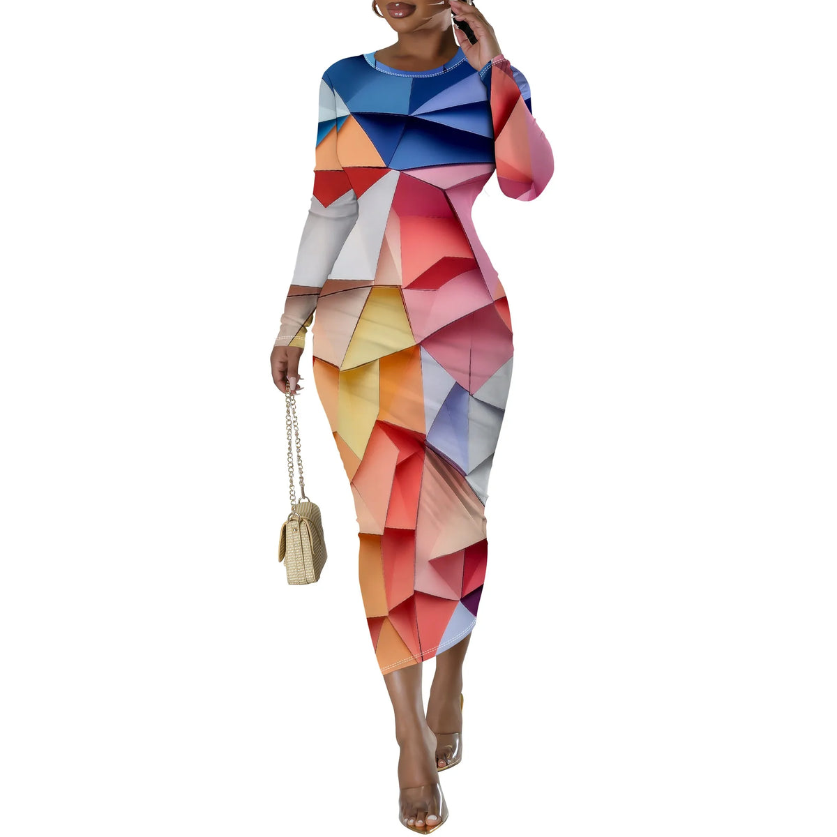 🍒Plus size geometric midi dress full sleeve bodycon women's party vacation outfit bright color clothes date night workwear Drink Wine In A Cut Glass