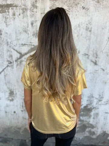 🍒Metaalagtige los top blink kortmou T-hemp dames spesiale geleentheid tops goud T-hemp o-nek mode slim gemaklike damesklere Top 'Talic Tee