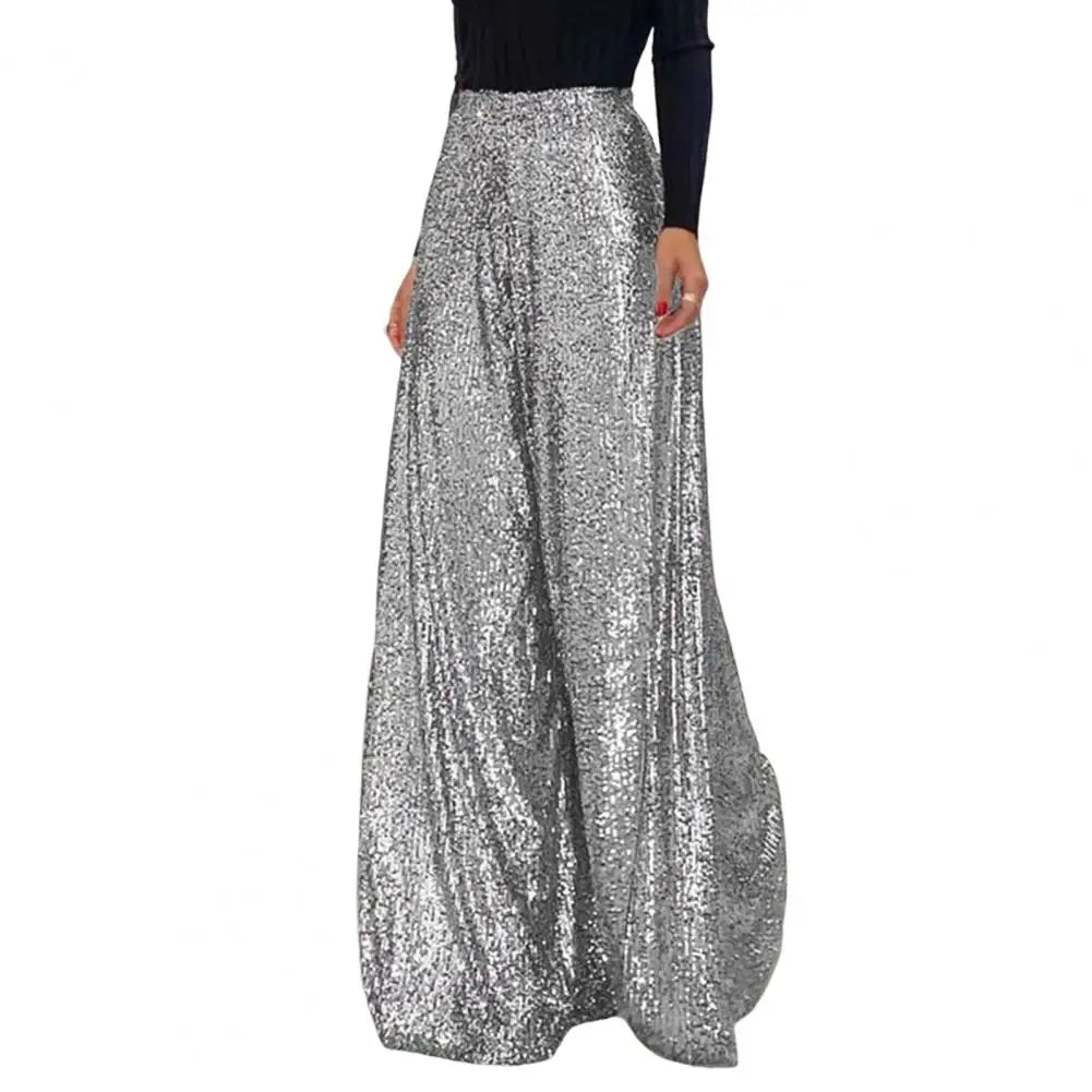 🍒High waist elastic wide leg  pants full length womens pants for night club with sequins Loose occasion party weat They Will Take A ComPLETEly WIDE Birth To Appreciate This