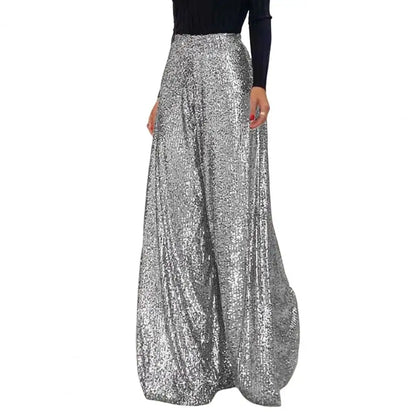 🍒High waist elastic wide leg  pants full length womens pants for night club with sequins Loose occasion party weat They Will Take A ComPLETEly WIDE Birth To Appreciate This