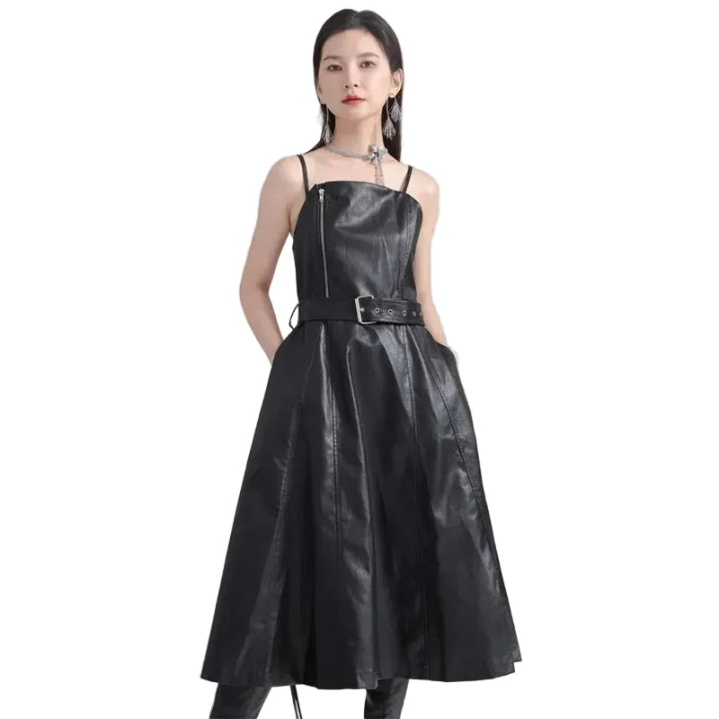 🍒Black faux leather dress spaghetti strap pu outfit with zip front sleeveless belted midi a-line dress party occasion wear sleeveless wear for women Like A Biker