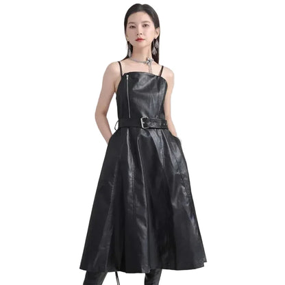 🍒Black faux leather dress spaghetti strap pu outfit with zip front sleeveless belted midi a-line dress party occasion wear sleeveless wear for women Like A Biker