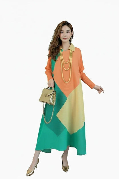 🍒Pleated dress long sleeves colour block outfit midi womens summer loose fashion autumn Clothes smart casual wear Diamond Dress