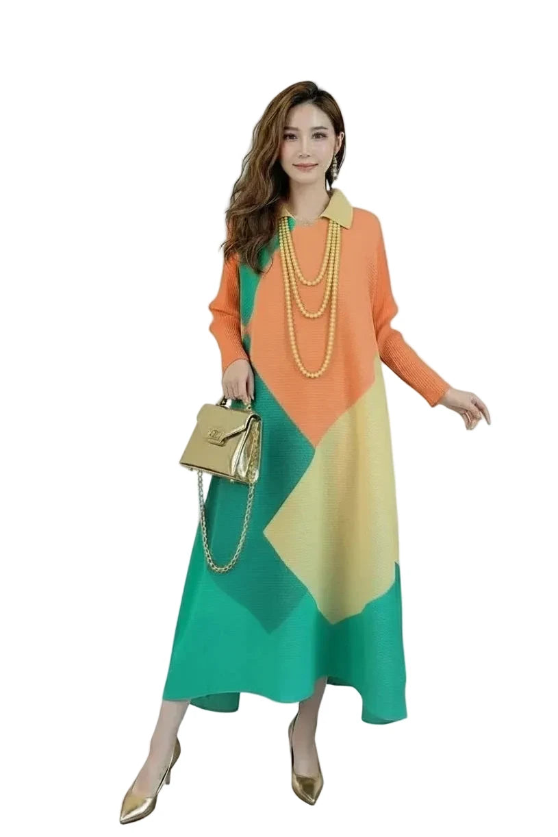 🍒Pleated dress long sleeves colour block outfit midi womens summer loose fashion autumn Clothes smart casual wear Diamond Dress