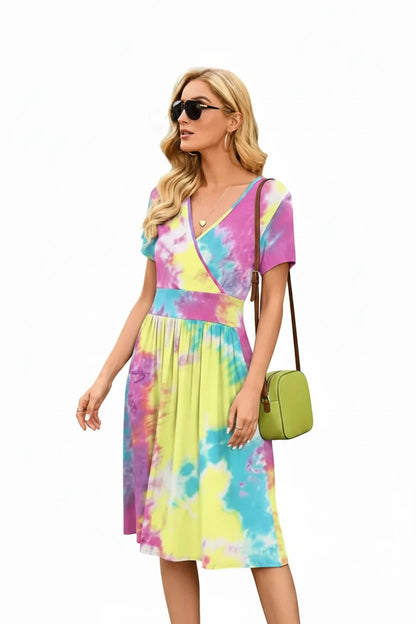 🍒Printed v-neck a-line short sleeve dress floral with high waist over knee outfits for summer womens fashion clothing beachwear holiday clothing A Bunch Of Beautiful Florals