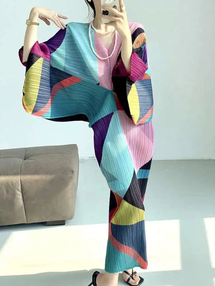 🍒Pleated batwing sleeves dress for women's high end fashion and relaxed printed v-neck holiday wear party occasion plisse clothing multi colour outfit Bag A Batwing