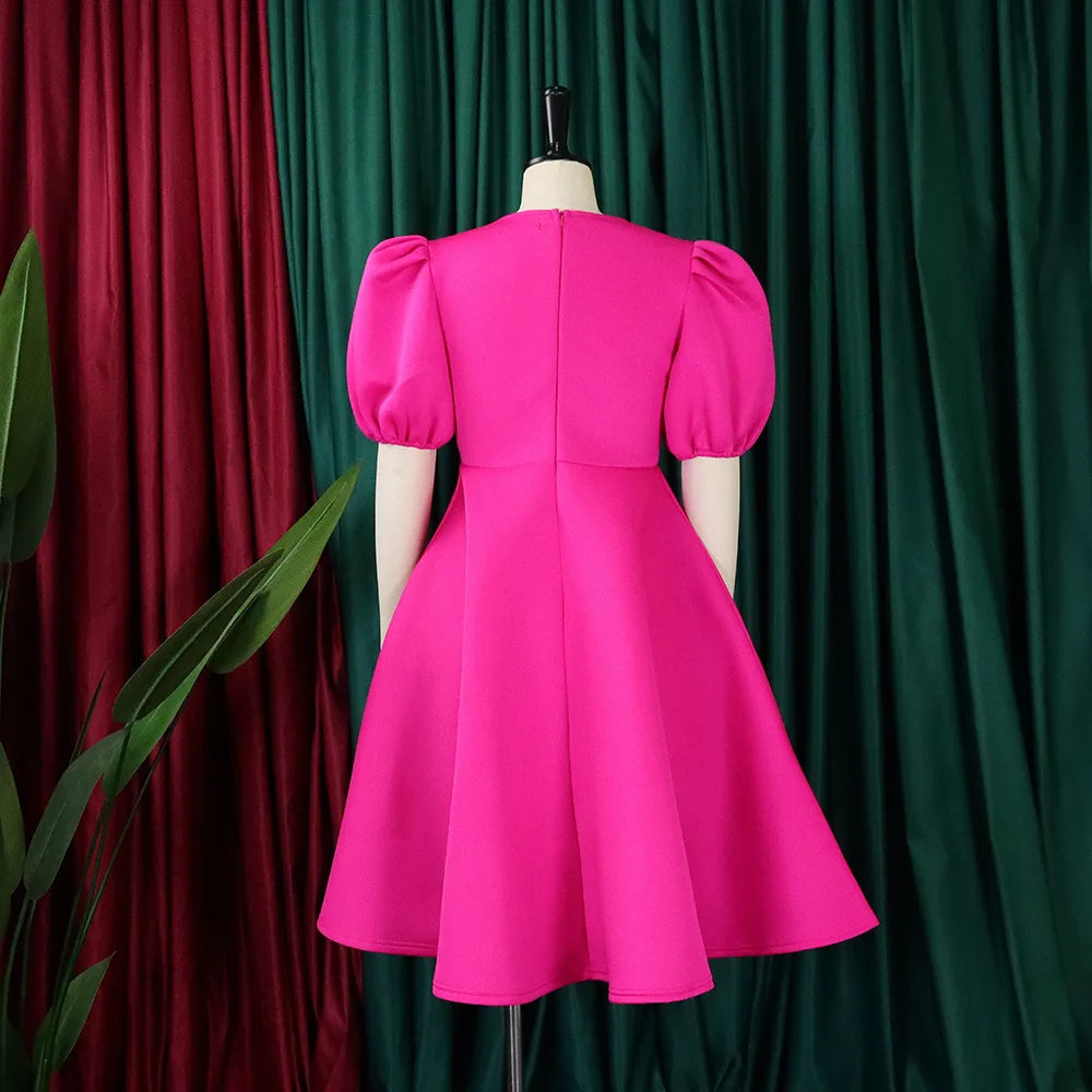 🍒Elegante rokke vir dames met O-nek, kortmoue, uitrusting vir verjaarsdagpartytjie, hoë middellyf, geplooide pofmoue, vrouemodemode, geleentheidsdrag, aandpartytjiedrag, middelkalf, luukse B'day Bopper Beauty Babe
