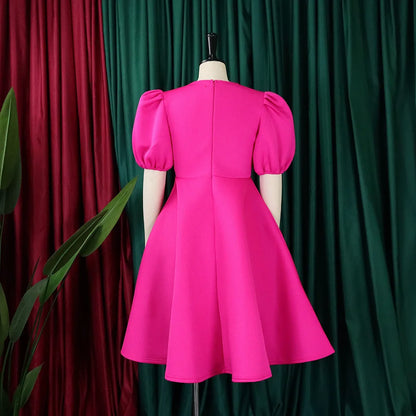 🍒Elegante rokke vir dames met O-nek, kortmoue, uitrusting vir verjaarsdagpartytjie, hoë middellyf, geplooide pofmoue, vrouemodemode, geleentheidsdrag, aandpartytjiedrag, middelkalf, luukse B'day Bopper Beauty Babe