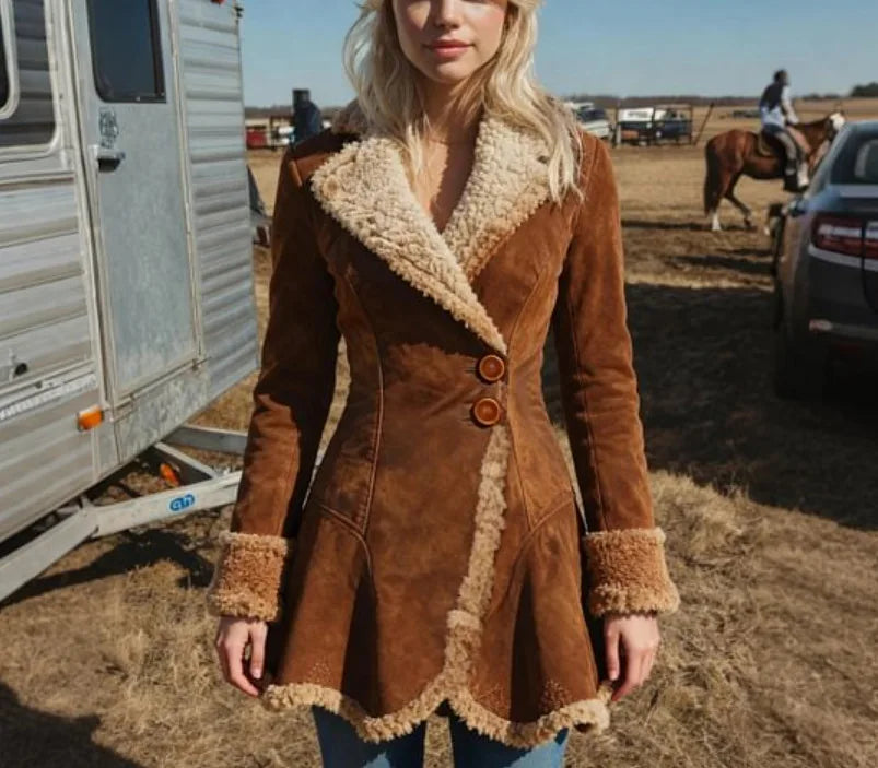 🍒Faux sheep skin jacket fitted waist loose fashion lapel coat female faux fur long coat versitile long sleeve outerwear Slim Sheep Skin