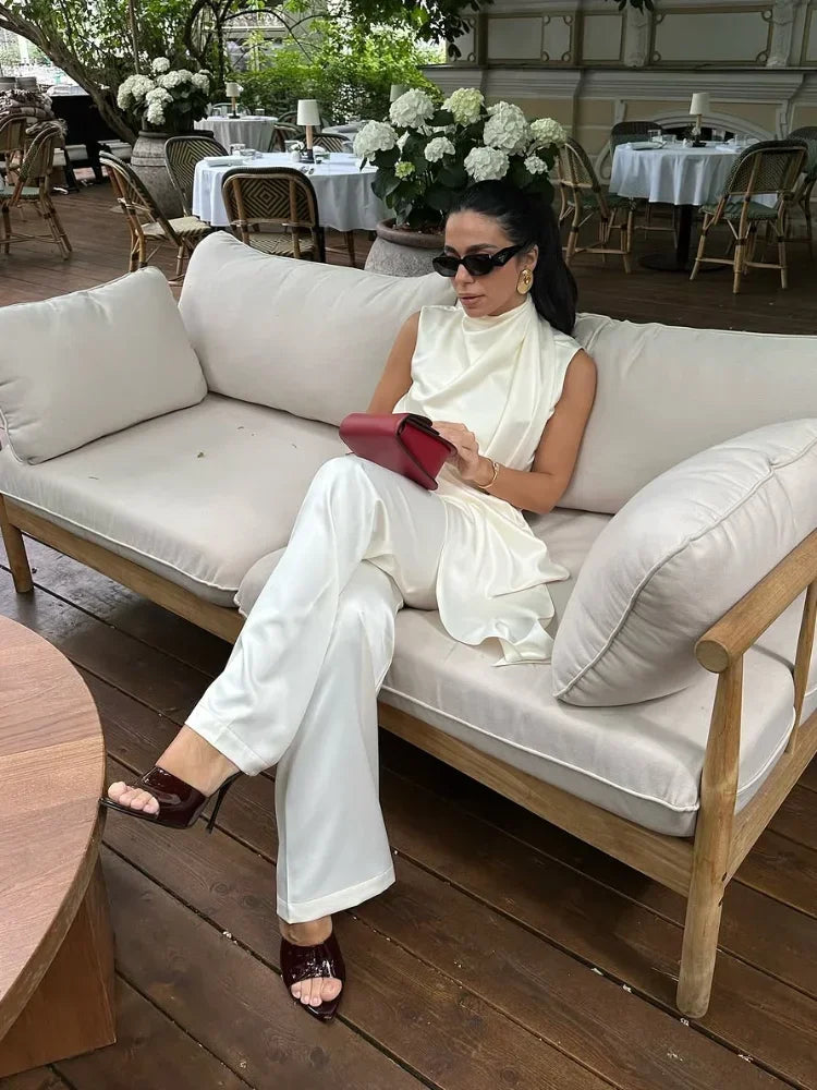 🍒White satin two piece set silk outfits Irregular fashion sleeveless party wear long tops for women  and high waist trouser suit part occasion wear Get A Fashion Angle