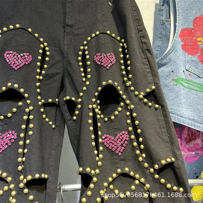 🍒Red diamond jeans embellished hollow heart Jeans for women loose wide leg denim trousers cool pants with rivets wHOLE HEARTedly made for you