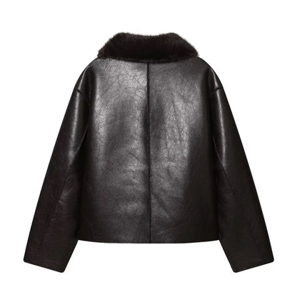 🍒Faux leather Jackets brown women long-sleeve reversible outerwear smart casual women stylish and unique Lavish In Leather or Flip To Fur