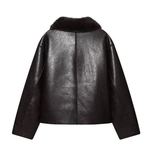 🍒Faux leather Jackets brown women long-sleeve reversible outerwear smart casual women stylish and unique Lavish In Leather or Flip To Fur