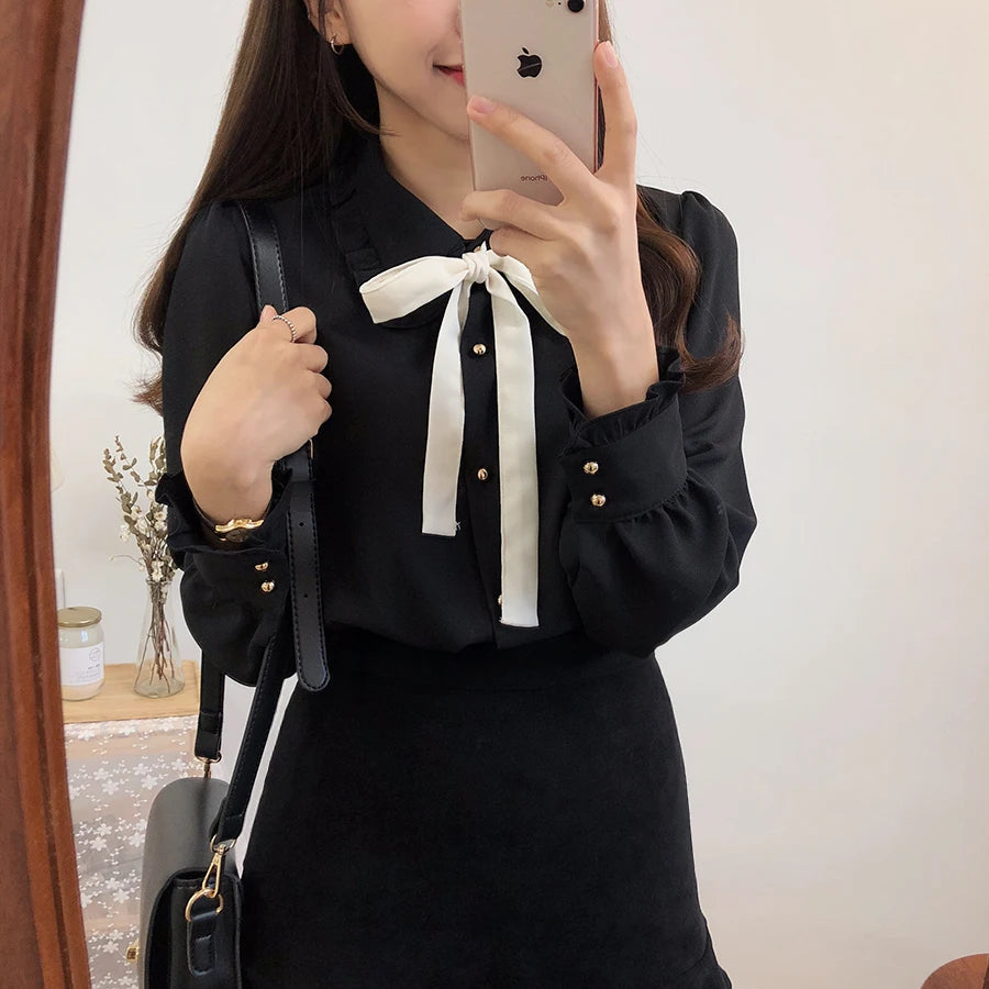 🍒Blouses with bows cute preppy style clothes women solid shirts  with ties formal work office wear essential summer clothing Pretty Up In Cute Bows