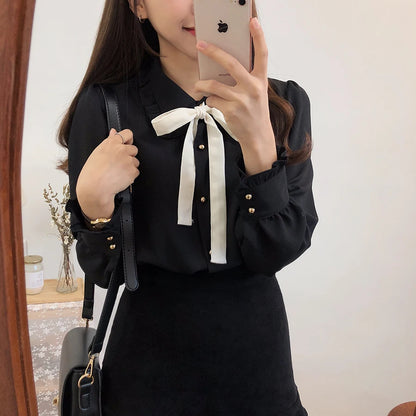 🍒Blouses with bows cute preppy style clothes women solid shirts  with ties formal work office wear essential summer clothing Pretty Up In Cute Bows