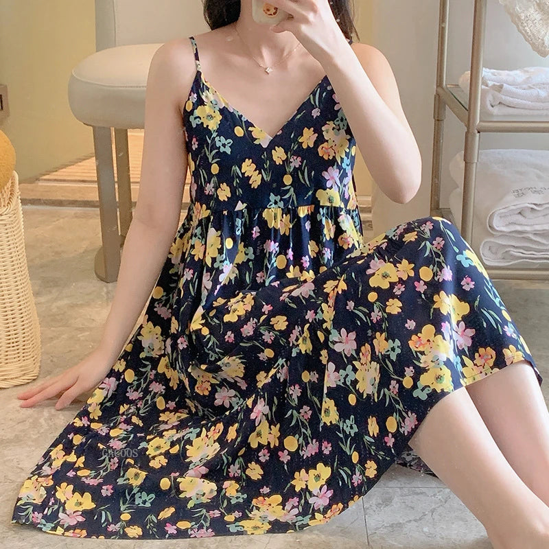 🍒Moue nagrok vir Vroue, asemende viskosekatoen-camisole-nagrok, bloemryke nagrok, huisdrag, somerdrag, vakansiedrag, nagdrag, Vars Blommepatrone