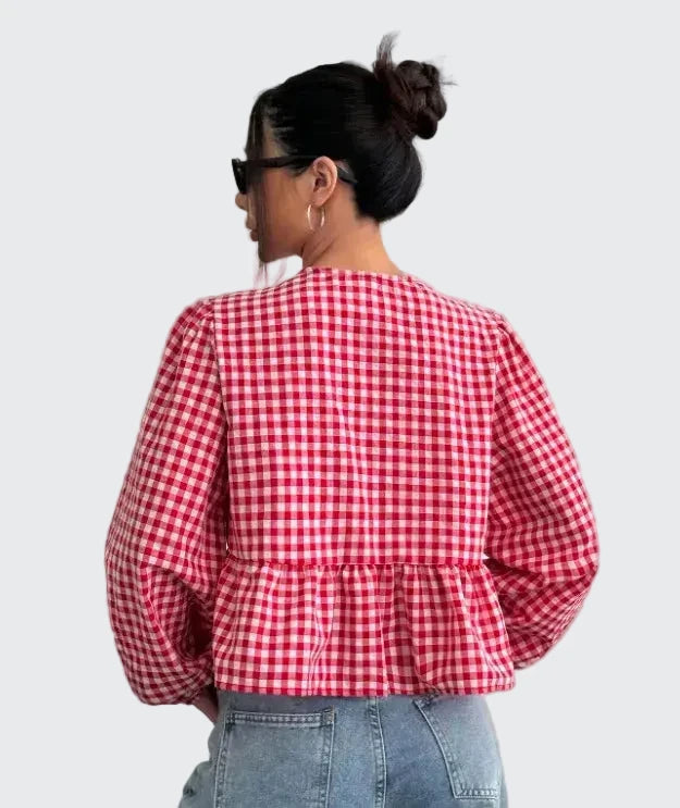 🍒Bloes Vroue gemaklike bloese lente baadjie bedrukte ruitbloes met strikke aan die voorkant ronde kraag poffmou oorhemp soet slim gemaklike vroueklere lente somer drag  Bring Sommige STRIK-Skoonheid En VANG Die Komplimente